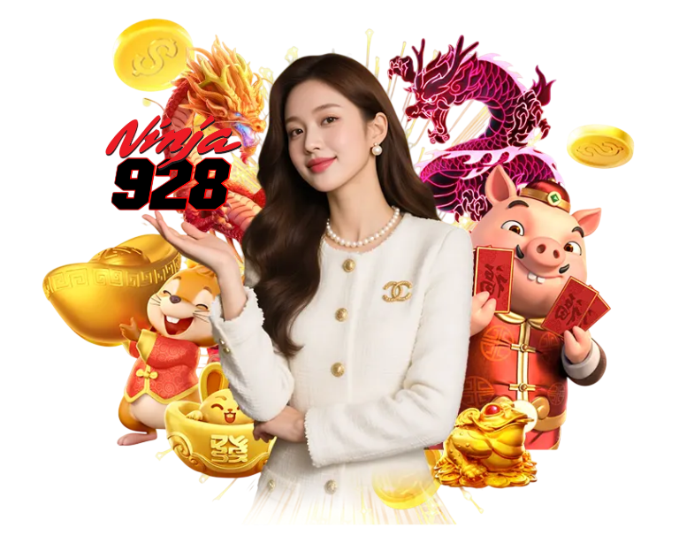 NINJA928 สล็อตออนไลน์ ภาพผู้หญิงพร้อมตัวละครนินจาและเหรียญทอง โบนัสแตกง่าย เล่นสนุกได้ตลอด 24 ชั่วโมง